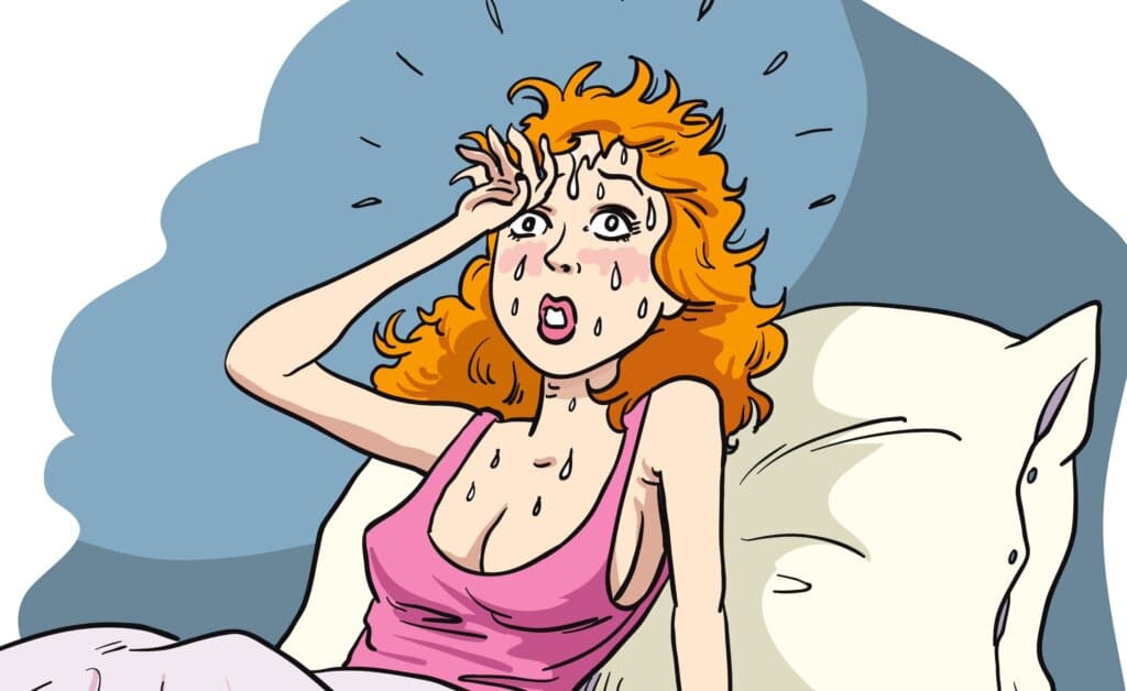 a cartoon of a woman in bed sweating profusely