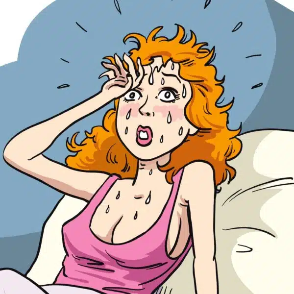 a cartoon of a woman in bed sweating profusely
