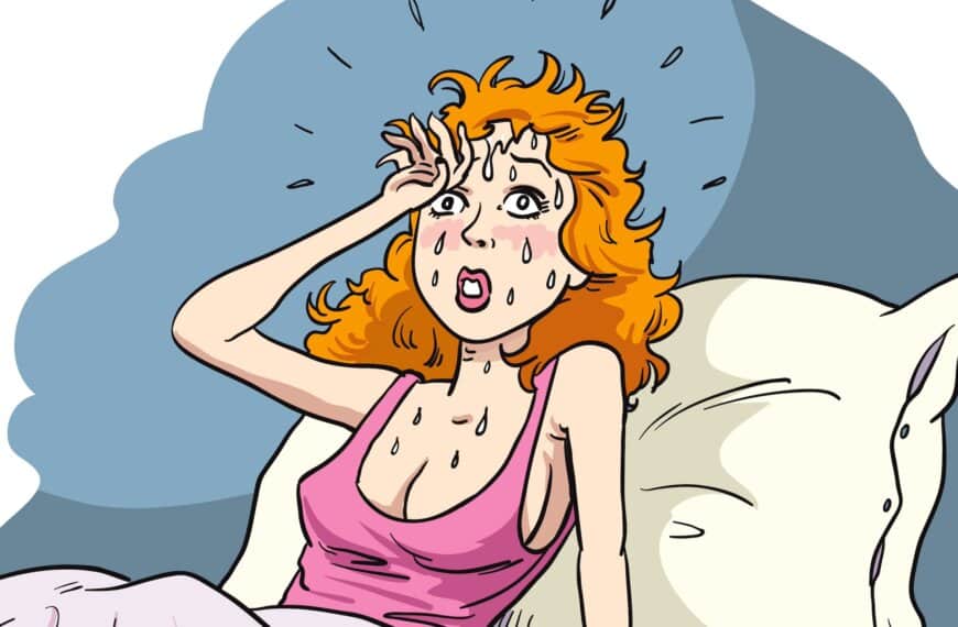 a cartoon of a woman in bed sweating profusely