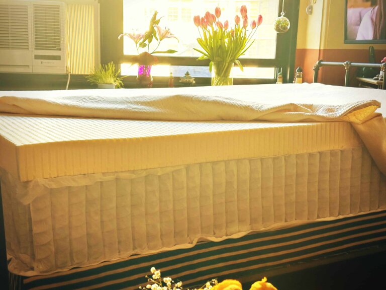 An unzipped DIY mattress in a stylish Manhattan loft. The image shows how simple the construction of a DIY mattress can be.