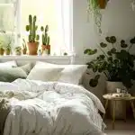 a bedroom with a bed and potted plants