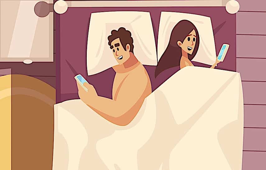 cartoon of a woman and a man in bed reading about DIY mattress resources online