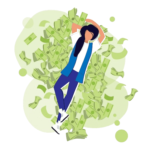 a person lying on a pile of money