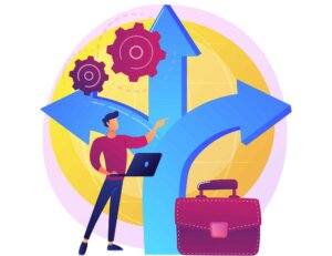 A cartoon of a man with a laptop with arrows in 3 directions