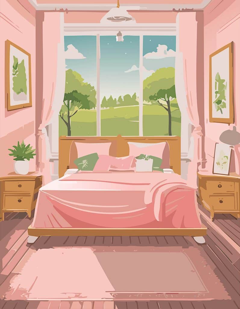a pink bedroom with a window and trees