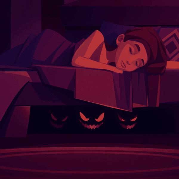 a cartoon of a woman sleeping on a bed with monsters in the mattress