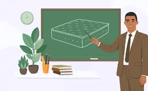 a man pointing at a mattress on a chalkboard