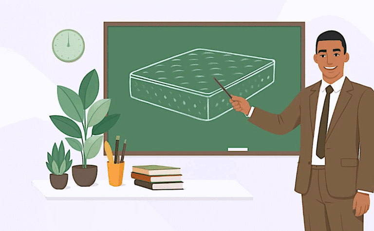 a man pointing at a mattress on a chalkboard
