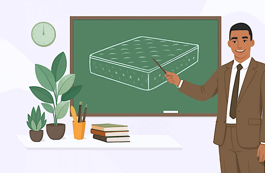 a man pointing at a mattress on a chalkboard