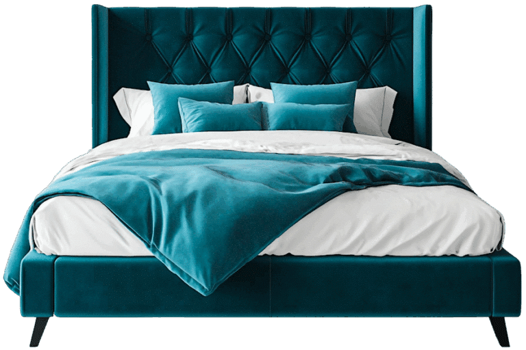 a diy mattress on a bed with blue pillows