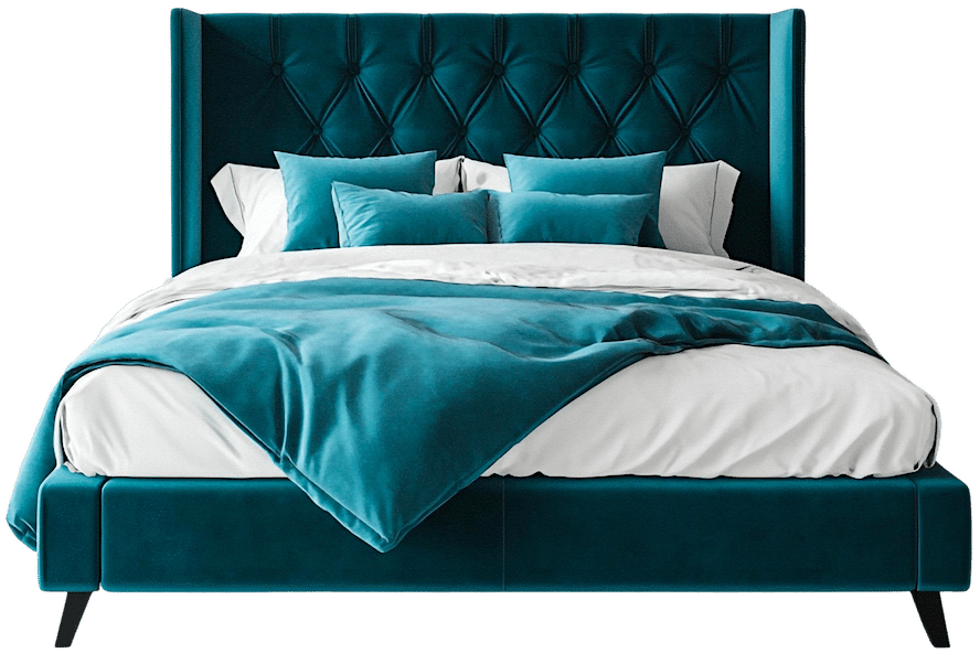 a diy mattress on a bed with blue pillows