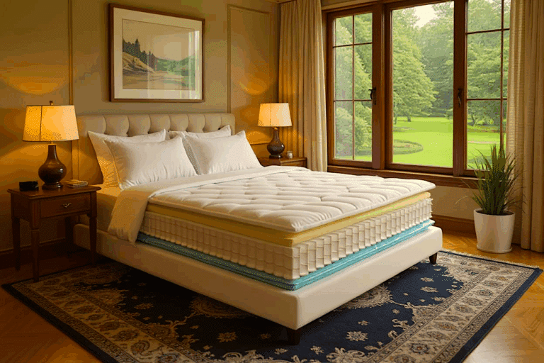 a bed with a mattress that has its zipper unzipped, revealing the layers inside