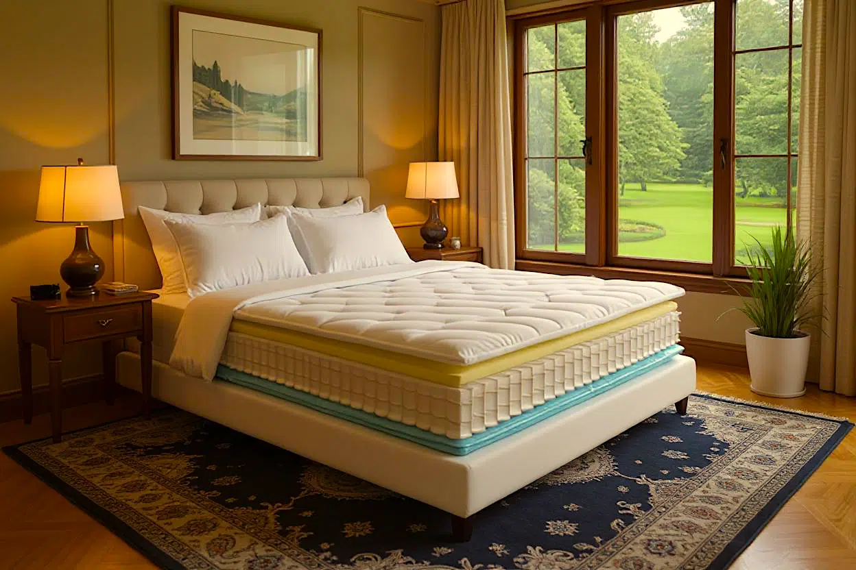 a bed with a mattress that has its zipper unzipped, revealing the layers inside