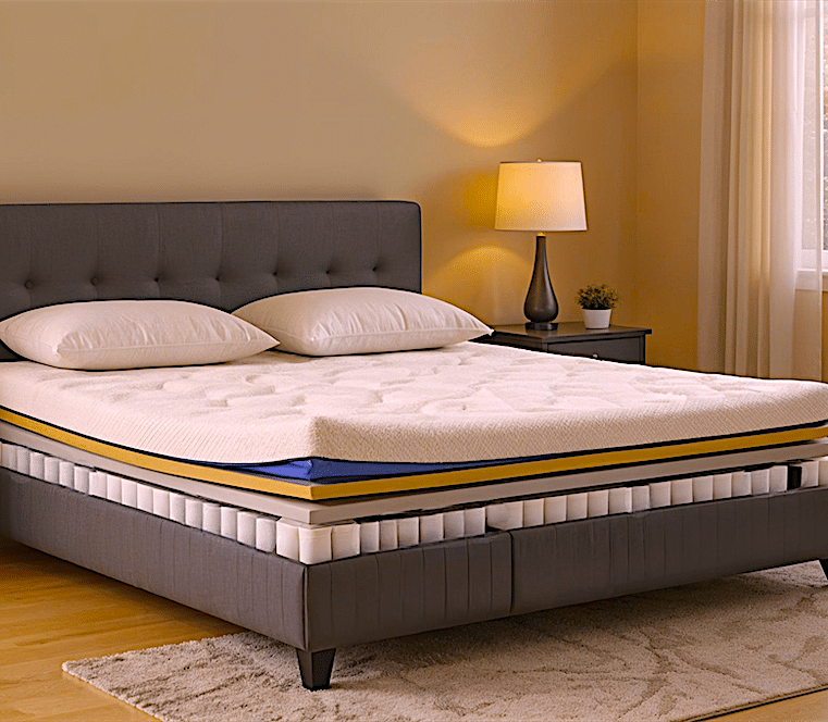 a bed with a mattress with is zippered cover unzipped