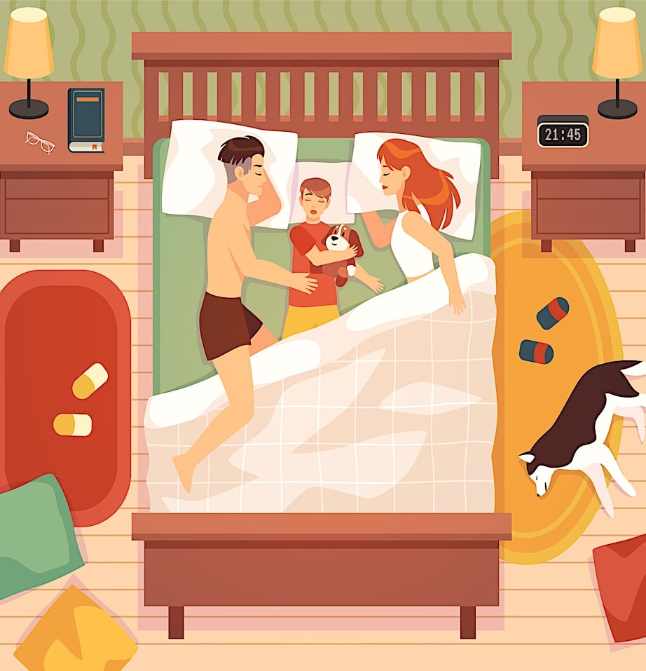 a man and woman lying in bed with a baby and a dog