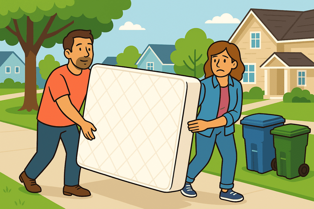 a man and woman carrying a mattress to the garbage