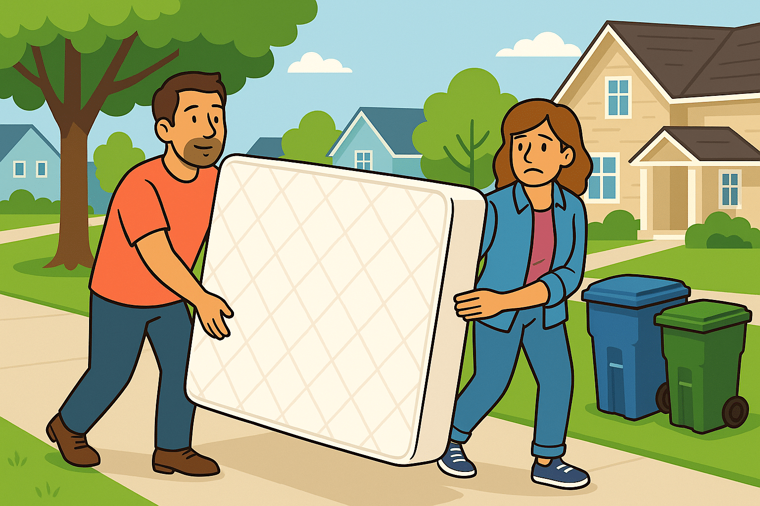 a man and woman carrying an old mattress to the garbage