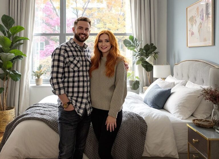 a man and woman standing next to their bed