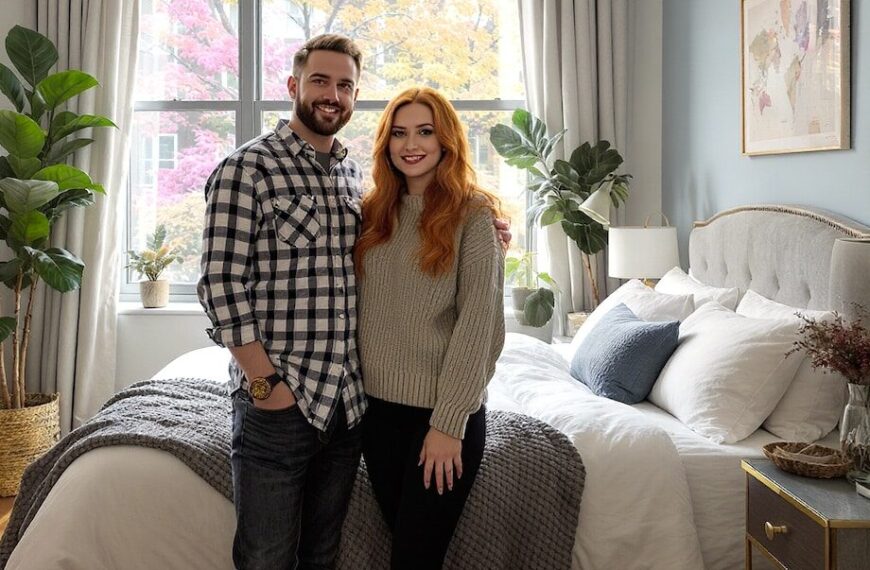 a man and woman standing next to their bed