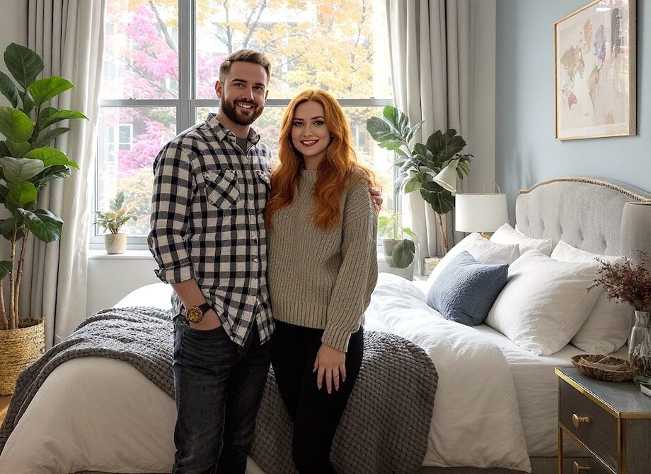 a man and woman standing next to their bed