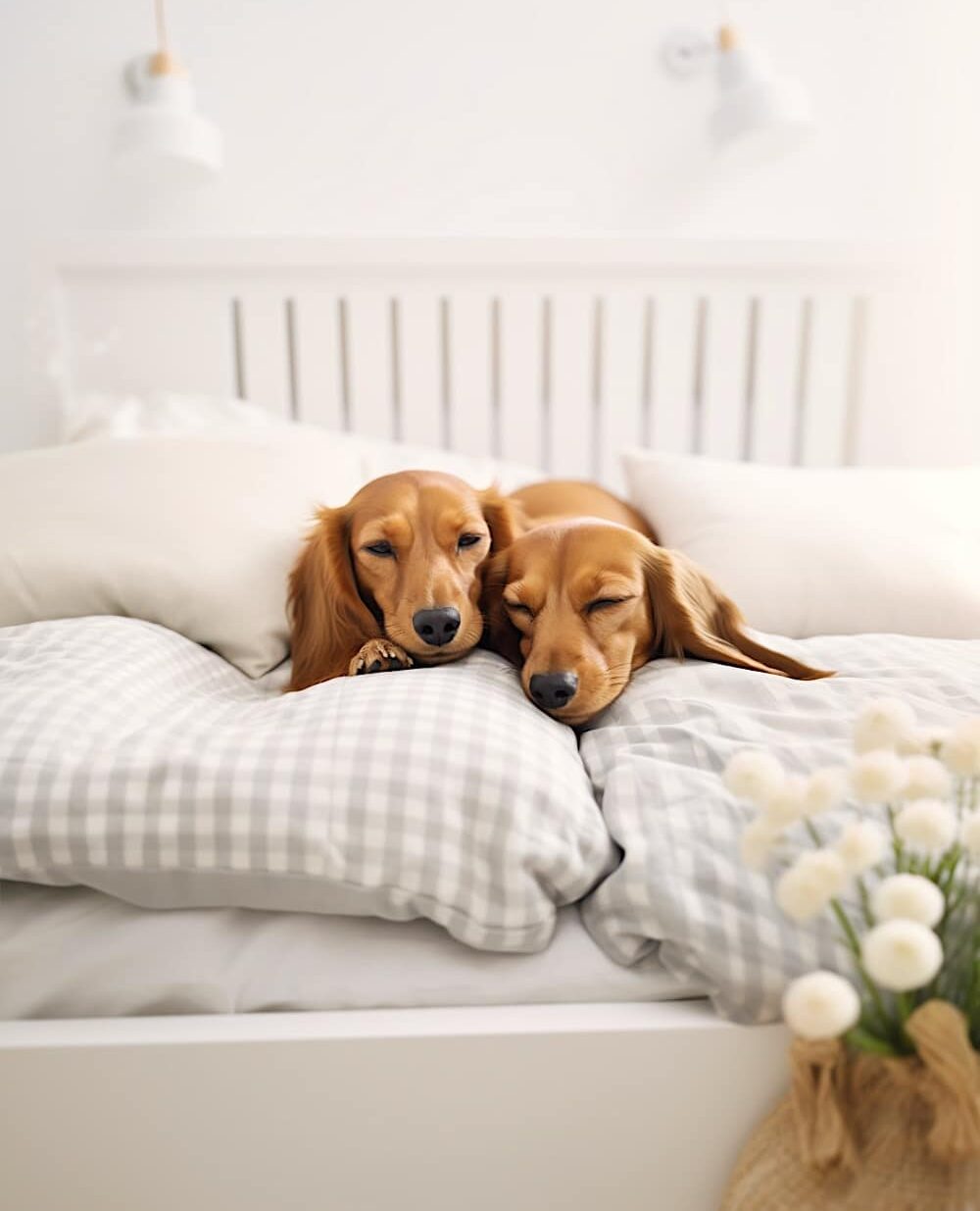 two cute doggos lying on a bed