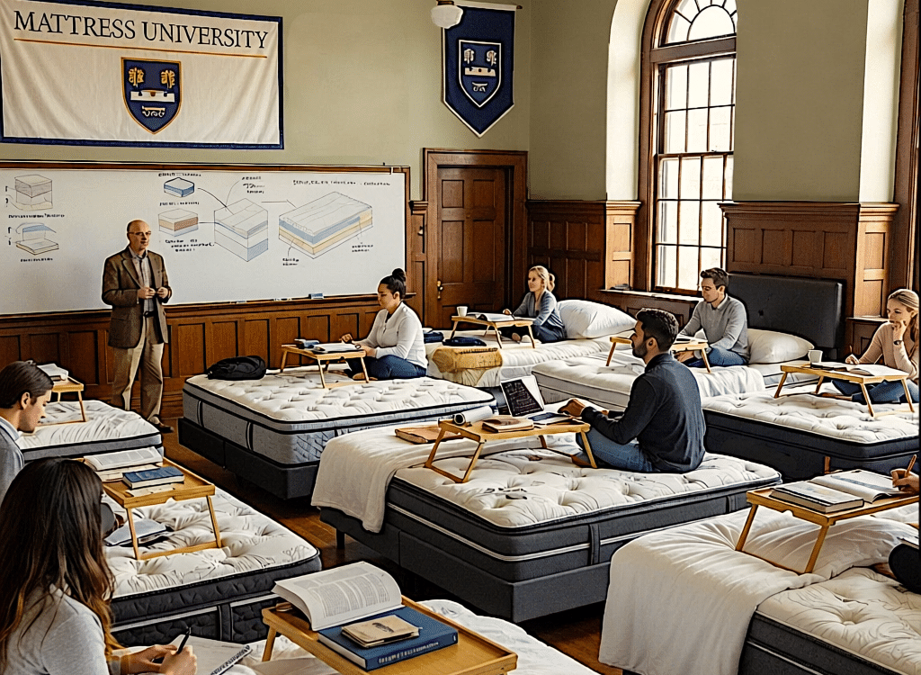 a group of students in a classroom with mattresses