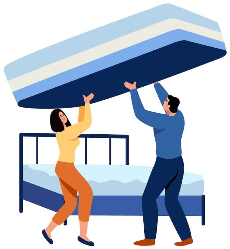 Couple assembling a mattress together.