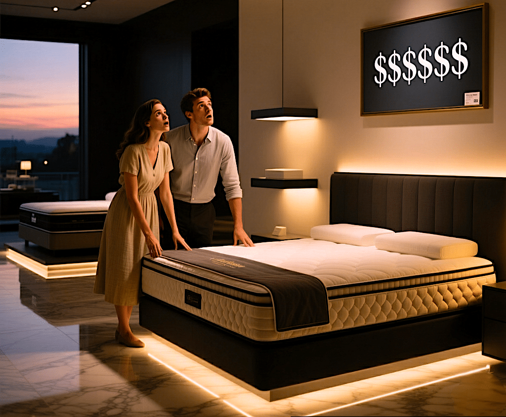 Couple examining an expensive mattress need a diy mattress guide