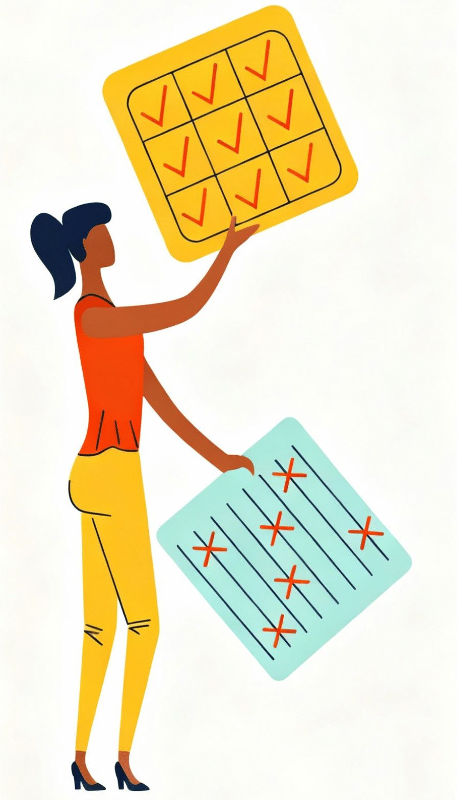 Woman holding check boxes on panels